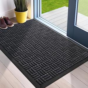 Mibao Front Door Mat, Heavy Duty Durable Welcome Mat for Outdoor Indoor, Dirt Trapper Waterproof Super Absorbent Door Mat for Entryway Outside Patio Porch, 35.5" x 24", Black
