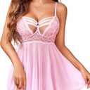 Avidlove Women Lingerie Lace Babydoll Sexy Chemise Nightwear Teddy V Neck Sleepwear Boudoir Outfits (Large, Pink)