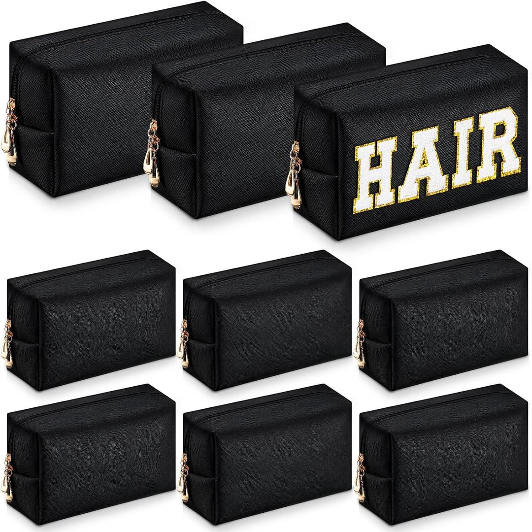 Sanwuta 9 Pcs Makeup Bags Bulk PU Double Zippers Cosmetic Bag Makeup Toiletry Small Pouch Portable Travel Organizers Case for Women Bridesmaid Proposal Gifts(Black)