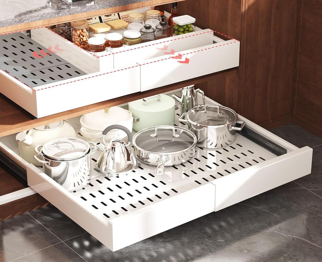 Seinloes 2 Pack Pull Out Cabinet Organizer Expandable Width(15"-25") and Depth(17"-24"),Slide Out Drawers With Raising Pad for Framed Cabinets,No Drill Roll Out Shelves for kitchen,Bathroom,White