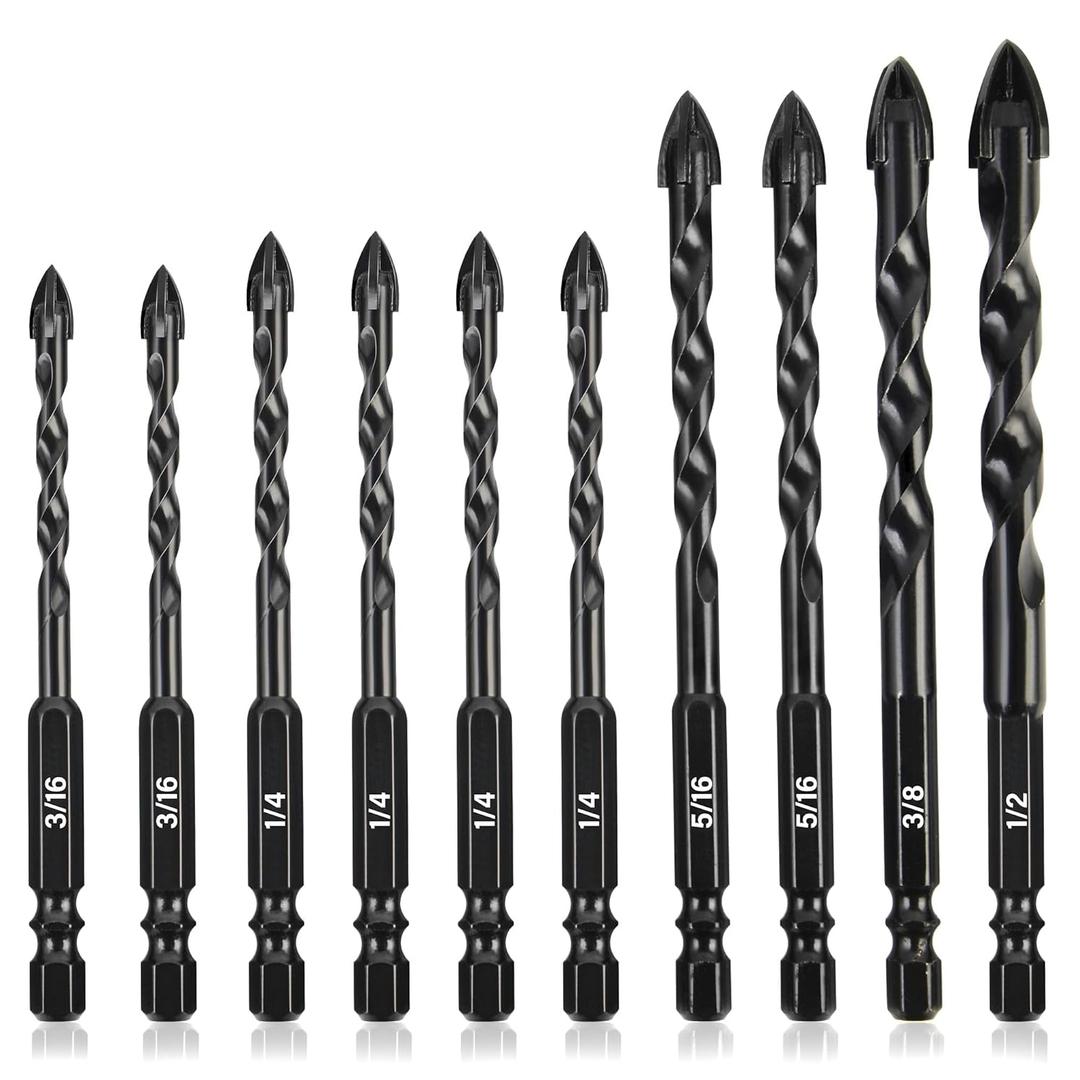 Concrete Drill Bit 10pcs, Multi-Purpose Masonry Drill Bits Set for Soft Concrete, Cement, Brick, Tile, Wood, Plastic, Glass and Ceramic Tile, 3/16"-1/2" Cement Drill Bit Set