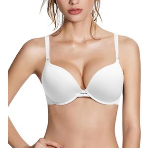 Push Up Thick Padded Plunge Underwire T Shirt Lace Bra Lift Support for Women Add One Cup Size 40A (White)