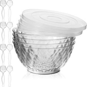 4 Pack Large Plastic Serving Salad Bowl Sets 150 oz Disposable Salad Pot with Lids Forks Spoons Large Mixing Punch Bowls Party Chip Candy Dish Meal Prep Containers for Eating Lunch (4.5 L)