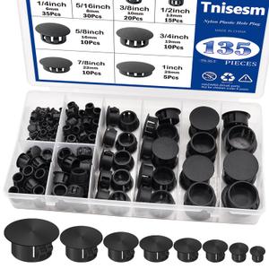 Tnisesm 135Pcs 8 Sizes Nylon Plastic Hole Plugs Black 1/4" 5/16" 3/8" 1/2" 5/8" 3/4" 7/8" 1" Round Drill Hole, Furniture Cabinet Insert End Caps Industrial Hardware Biscuits & Plugs