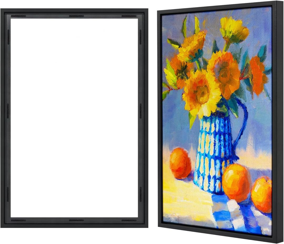 Americanflat 24x36 Canvas Floating Frame with Adhesive Strips Included - Vertical and Horizontal Floating Frame for Artwork - Canvas Frames for Wall Display - Black