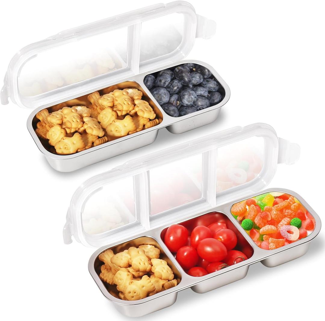 Stainless Steel Snack Containers with Lids, 2 Pack Grab and Go Metal Snack Containers, 3 Compartment Reusable Stainless Steel Snack Box for Food Lunch Meal Prep (3+2 Compartment 2 PCS)