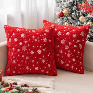 MIULEE Set of 2 Decorative Throw Pillow Covers, Soft Faux Fur Pillow Cases Covers with Silver Snowflake Glitter Printed Cute Pillowcases for Christmas Couch Sofa Bed Girls Room, 16 X 16 Inch, Red