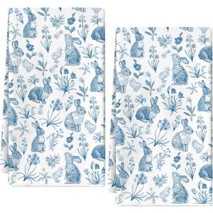 AnyDesign Easter Kitchen Towels Cotton Hand Drying Tea Towel Blue Porcelain Bunny Rabbit Floral Dish Towel Seasonal Decoration for Spring Farmhouse Home Kitchen Bathroom Decor, 2Pcs