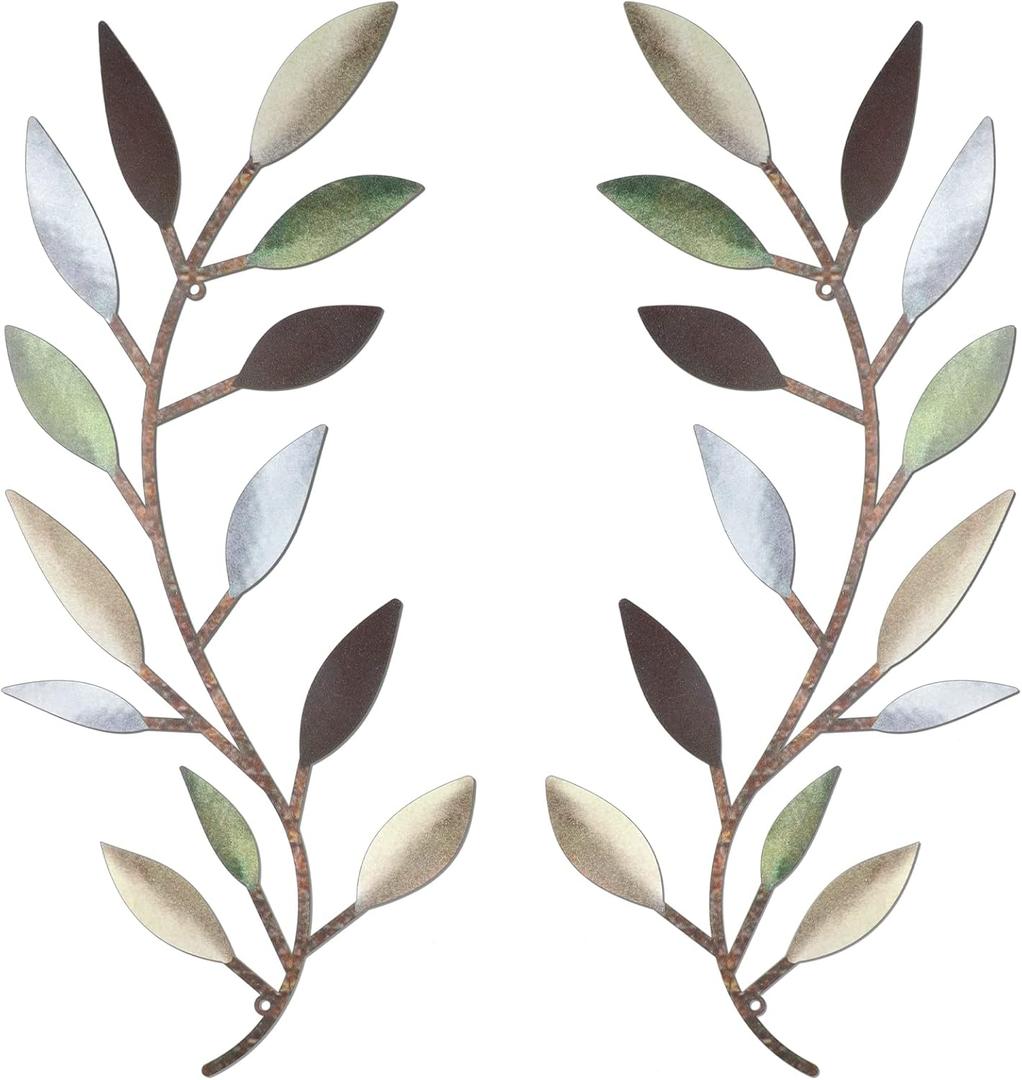 Zhengmy 2 Pieces Metal Tree Leaf Wall Decor Vine Olive Branch Leaf Wall Art Living Room, Hallway Wall Decor Outdoor Decoration(Colorful)