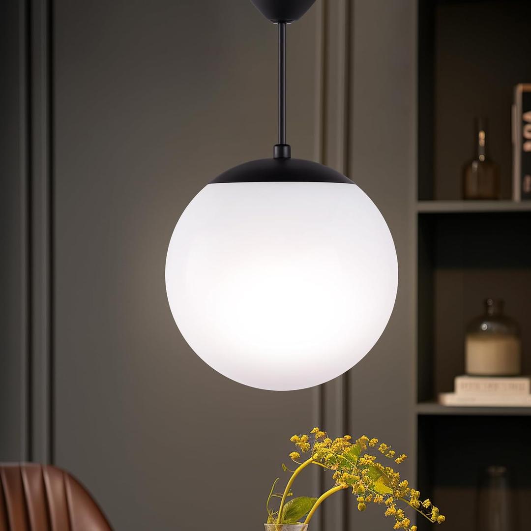 Modern Pendant Light Fixture Pendant Light 1-Light Mid Century Chandelier Large 10 White Globe Glass Shade Black Finished Hanging Light Fixture for Kitchen Island Dinning Room