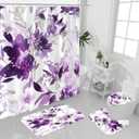 4 Pcs Purple Watercolor Floral Shower Curtain Sets with Rug, Toilet Lid Cover and Bath Mat, Botanical Flower Shower Curtains for Purple Bathroom Decor, White Fabric Waterproof Bathroom Set