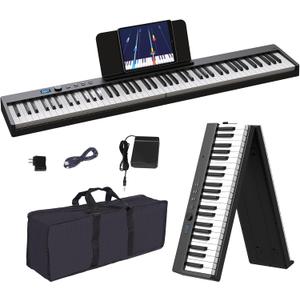 KONIX Foldable Piano Keyboard, 88 Key Full Size Semi Weighted Folding Piano Keyboard, Bluetooth Portable Electronic Keyboard Piano with Sheet Music Stand, Sustain Pedal and Piano Bag, Black