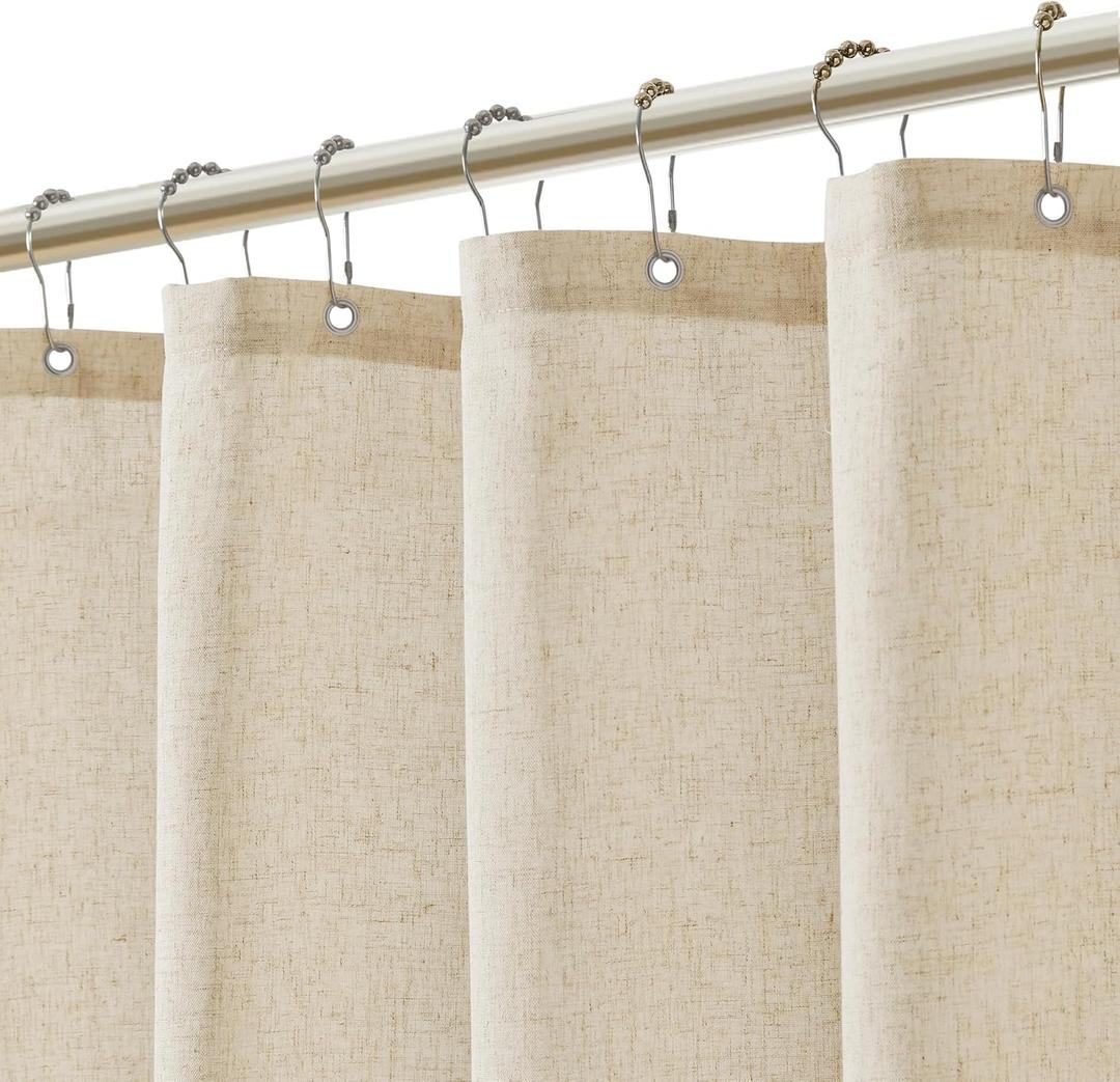 Natural Linen Shower Curtain with 12 Metal Hooks Modern Boho Neutral Thick Cloth Waterproof Bath Decor Beige Shower Curtain for Bathroom Hotel Bathtub, Cream, 72 Inch
