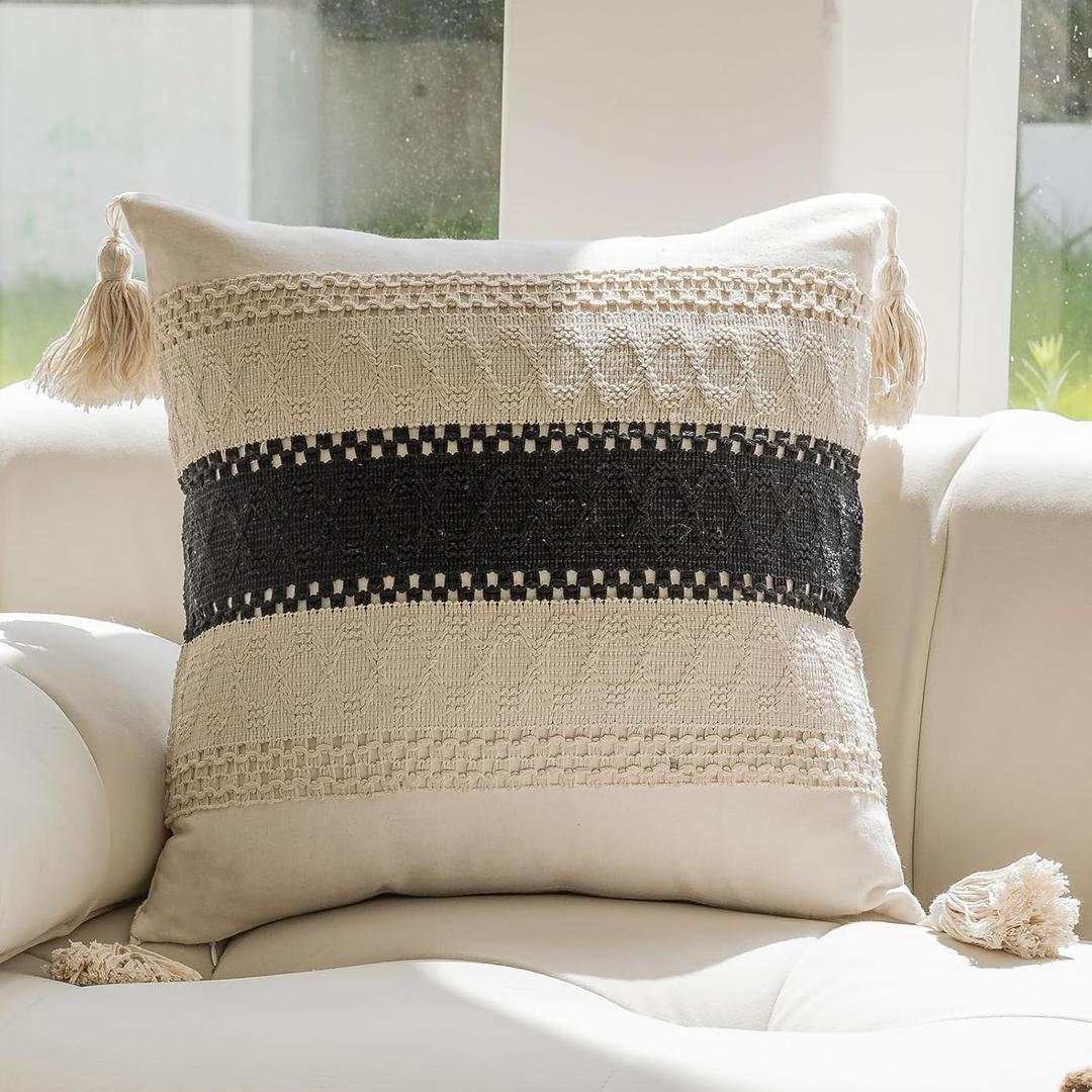 vctops Boho Cotton Linen Decorative Throw Pillow Covers with Tassels 18x18 Inch Soft Farmhouse Neutral Stripe Pillow Covers Accent Macrame Woven Black Cushion Case for Couch Sofa Car (Type D,18"x18")