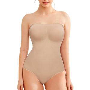 Strapless Shapewear Bodysuit for Women Tummy Control, Seamless Tube Top Bodysuit Body Shaper Off Shoulder Leotard (Large, Beige)