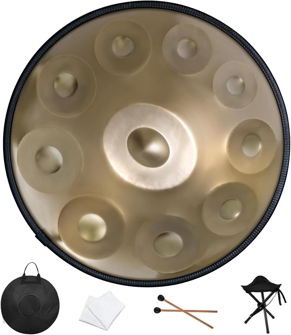 Handpan Drum 22 Inches D Minor Kurd, 432Hz 10 Notes Hand Drum Instrument, Premium Steel Drum, Handpan Instrument for Adults (Gold) (22inch)