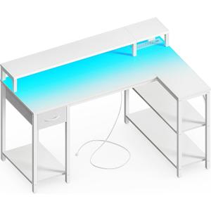 SUPERJARE 47 inch Reversible L Shaped Desk with LED Lights & Power Outlets, Computer Desk with Shelves & Monitor Stand, Gaming Desk with Drawer, Home Office Desk Corner Desk, White