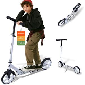 Kick Scooter for Kids Ages 6+, Teens & Adults, Adjustable Handlebars, Rear Brake, Big Wheel Foldable Scooter for Indoor & Outdoor (White)