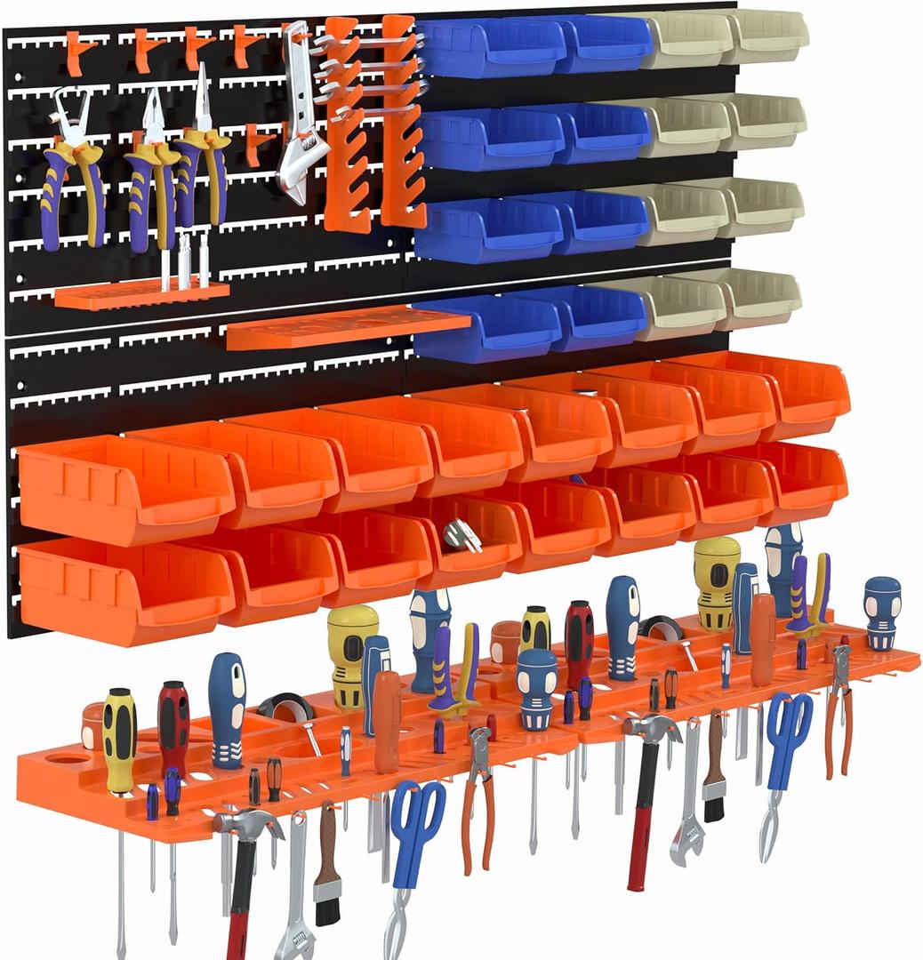52PCS Wall Mounted Storage Bins Garage Storage Drawers with 4PCS Wall Mounting Peg Boards Workshop Parts Rack Container Tool Organizer Easy Access Compartments for Hardware Crafts Office Supplies