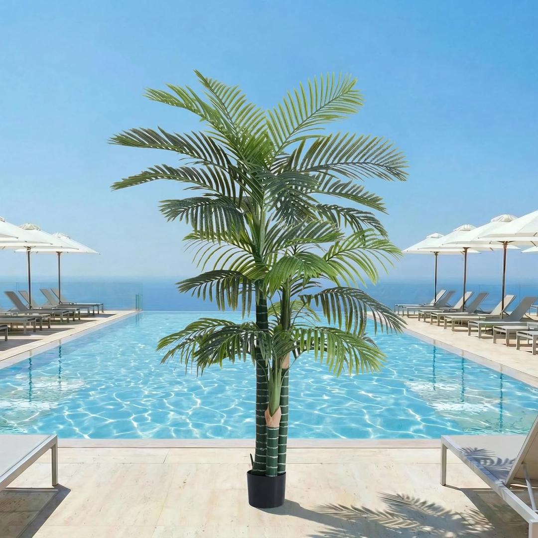 6FT Artificial Golden Cane Palm Tree, UV Resistant Indoor/Outdoor Fake Plant with Heavy Cement Pot - Realistic Tropical Decor for Patio, Living Room, Office