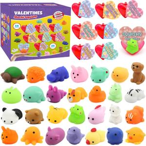28 Pack Valentines Day Gifts for Kids, Mochi Squishes Party Favor Set with Filled Hearts and Valentines Greeting Cards, Valentine's Day School Prize Party Favor, Classroom Exchange Gift Set