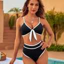 Blooming Jelly Womens High Waisted Bikini Set Tie Knot High Rise Two Piece Swimsuits Bathing Suits (Black, L)