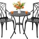 Outdoor 3 Piece Bistro Set Cast Aluminum Bistro Table and Chairs Set of 2, All Weather Bistro Patio Set, Patio Furniture for Garden Black (Woven Armchair)