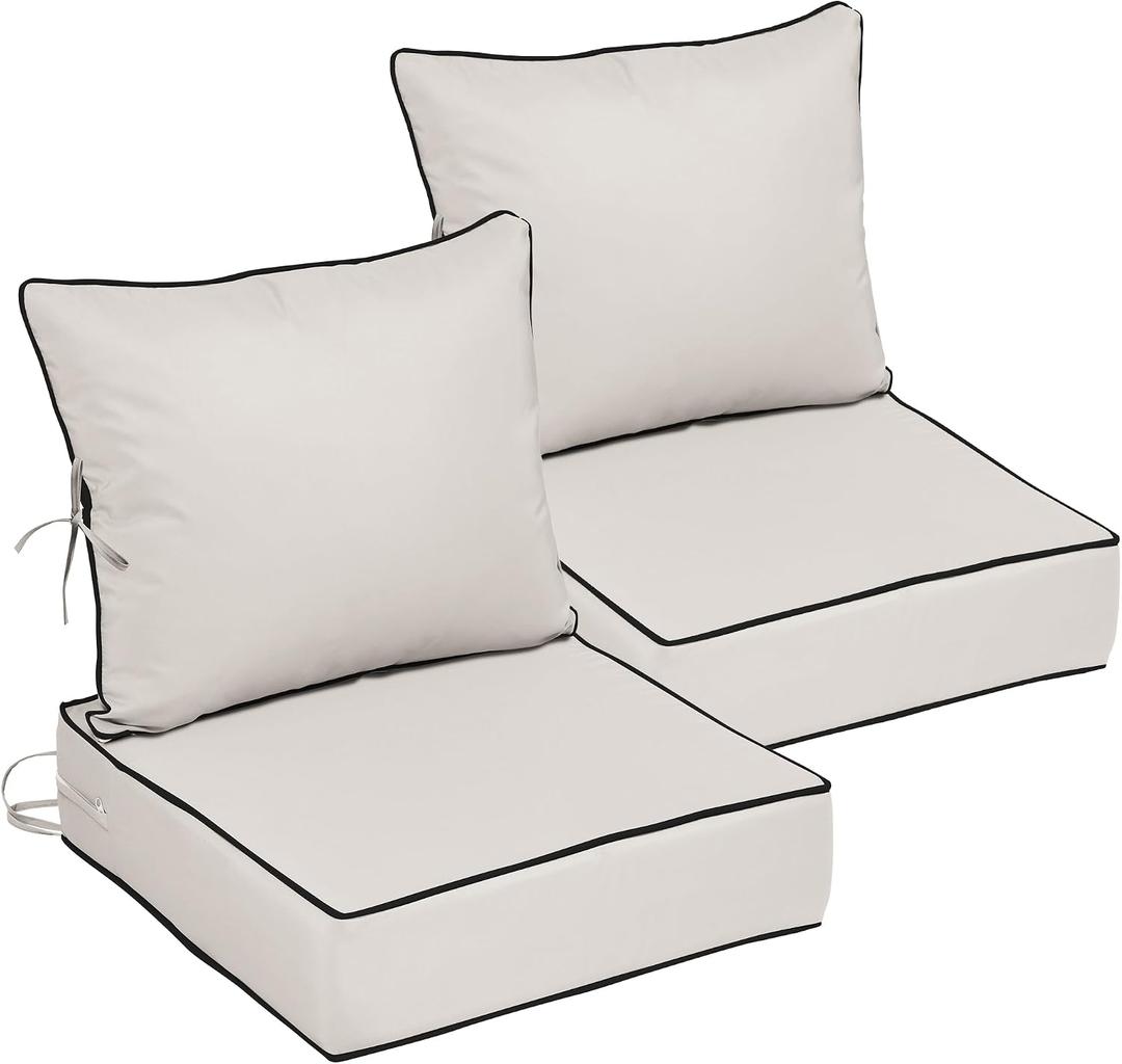 22x22 Outdoor Chair Cushions Set of 2, Waterproof Deep Seat Cushions for Patio Furniture with Removable Cover,Fade Resistant 4'' Outdoor Seat Cushion with Ties Handle for Sofa Couch,Cream Black Piping