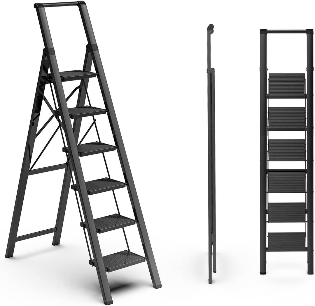 SOLADDER 6 Step Ladder for 12 Feet High Ceiling, Folding Step Stool with Handgrip & Anti-Slip Wide Pedal, Portable Lightweight Aluminum Stepladder for Kitchen, Home (300 lbs Capacity) - Black