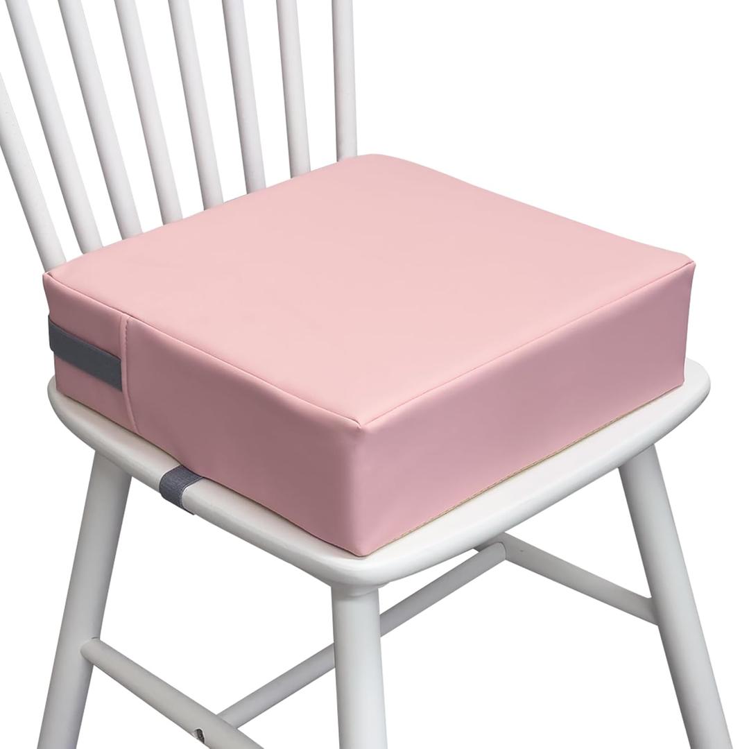 Toddler Booster Seat for Dining Table, 2 Elastic Seat Belts, Anti Scratch PU Skin-Friendly, Waterproof, Anti-Wrinkle, Detachable Non-Slip Bottom - Pink