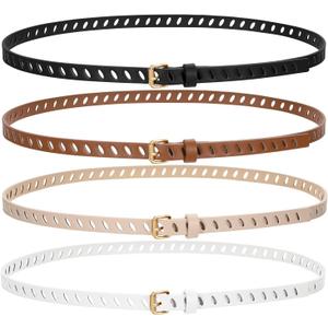 SUOSDEY 4 Pack Thin Belts for Women Skinny Leather Belts with Metal Buckle for Dresses Pants Jeans (Fit waist size 28"-32", 11-black+brown+beige+white)