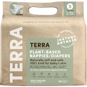 Terra Diapers Size 5: 85% Plant-Based Diapers, Ultra-Soft & Chemical-Free for Sensitive Skin, Superior Absorbency for Day or Nighttime Diapers, Designed for Toddlers 28-39 Pounds, 16 Count