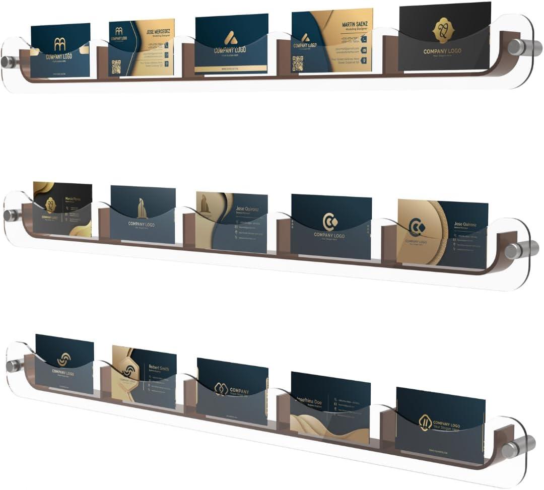 Gomos Business Card Holder Wall Mount - Designed Multiple Business Card Holder Display Set, Wall Business Card Rack with 15 Slots - Pack of 3 Clear Acrylic Holders for Office & Retail (Brown)