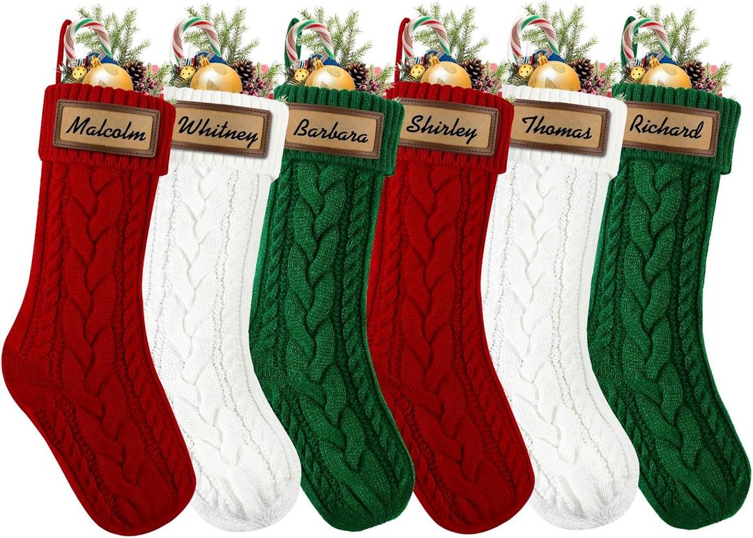 XOYTN 6pack Christmas Stockings, 18inch Large Personalized Cable Knitted Xmas Hanging Stocking Decorations with Leather Patches Custom Name for Holiday Christmas Party Family Decor (Red Green White)