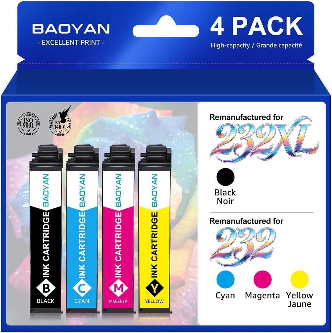 Remanufactured Ink Cartridge Replacement for Epson 232 Ink Cartridge Works with Workforce Pro WF-2950 WF-2930 Expression XP-4200 XP-4205 Printers (4 Pack)