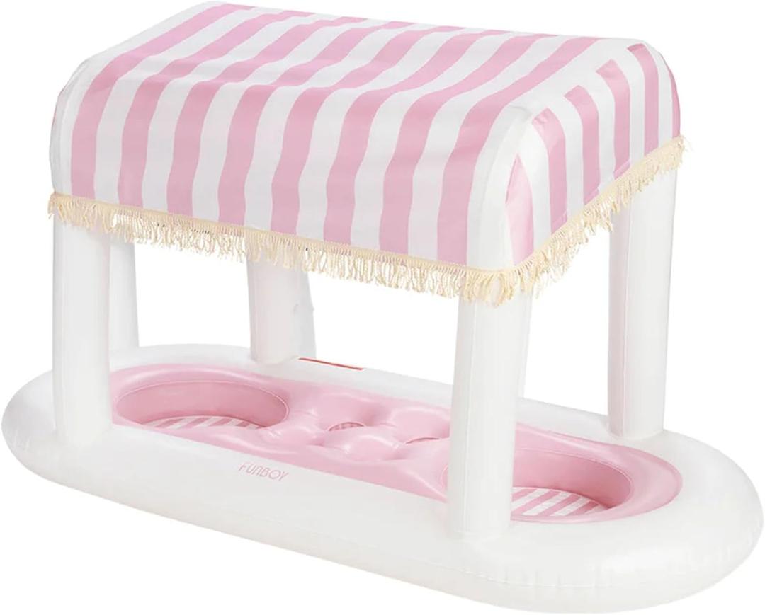 FUNBOY Giant Floating Pink Cabana Stripe Drink Station, Removable Fabric Shade with Fringe, Perfect for Parties, Table-Top Decorations and in-Pool Refreshments.