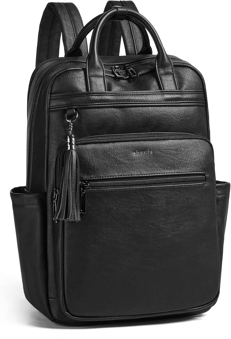 Shrrie Laptop Backpack for Women 15.6 inch Travel Leather Backpack Purse Work Computer Backpacks for Business College Black