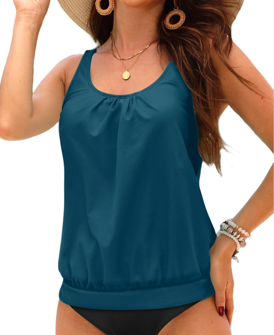 Yonique Womens Blouson Tankini Top No Bottom Loose Fit Swim Top Modest Tank Top, L