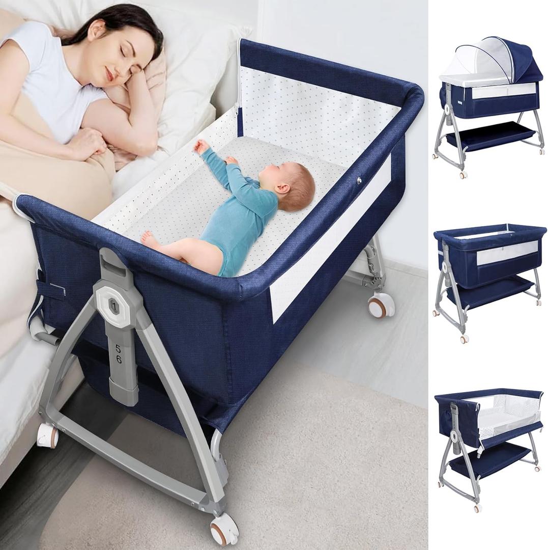 Bassinets Bedside Sleeper for Baby,YTHFGRT 3 in 1 Bedside Bassinet with 4 Auto-Lock& 6 Height Adjustable,Moises Para Nias Recien Nacidas Breastfeeding Friendly,Portable Bedside Crib for Newborn Infant