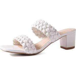 N.N.G Women Heels Sandals Braided Block Nude Summer Chunky Square Leather Woven Comfort Strappy Dress Casual Pumps Mules (6, 2'' Heels White)