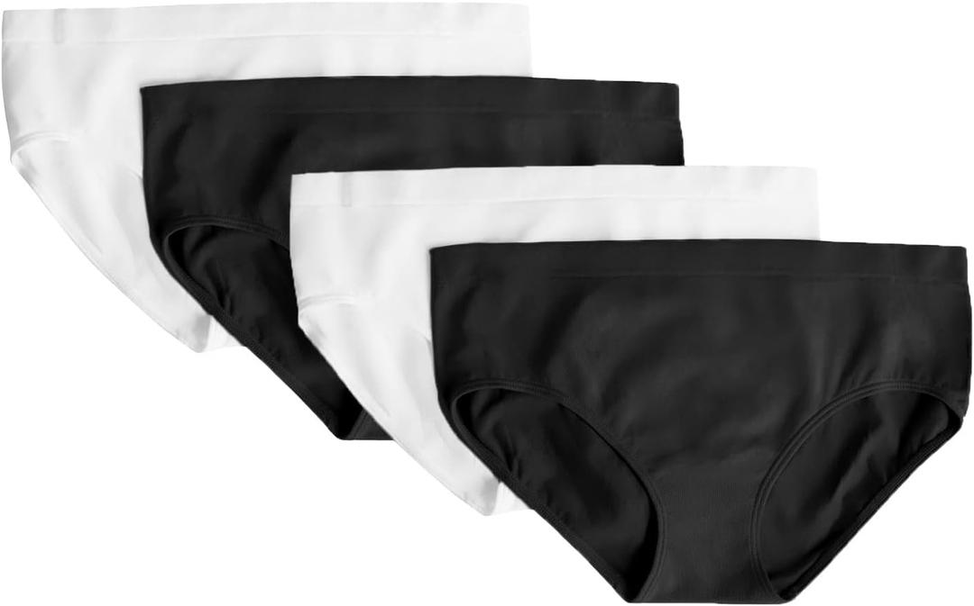 Fruit of the Loom girls Stretch Seamless Bikini Briefs (Large, Black Hue/White 4-Pack)