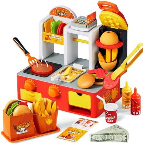 Restaurant Play Food Set Toy, 40+ PCS Fast Food Playset with Potato Cutter, Simulated Frying Effect & Lights, Order, Card & Drink Station, Interactive Role Play Toy Easter Birthday Gift for Boys Girls