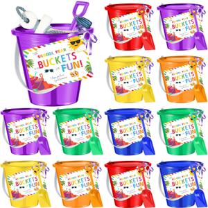 Gemscream 12 Sets End of Year Student Gifts 5'' Sand Bucket with Beach Pails Postcards Ribbons for Summer Vacation Plastic Buckets Fun Water Bucket Summer Party Accessory for Pool Outdoor, 6 Colors