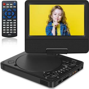 9.5" Portable DVD Player with 7.5" Swivel Display Screen, 5-Hour Built-in Rechargeable Battery, Car DVD Player for Kids and Car, Dual Speakers, Sync TV, Support SD Card/USB/Disc Regions Free