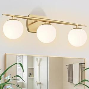 Gold Vanity Lights for Bathroom, 2-Light 20 Inch Bathroom Lighting Fixtures over Mirror with Milky White Frosted Glass Shades, Wall Sconces for Bathroom, Bedroom, Living Room(G9 Bulb not Included)