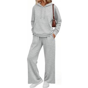 AUTOMET Womens 2 Piece Outfits Sweatsuits Lounge Matching Fall Sets Jogging Suit Oversized Hoodie Wide Leg Sweatpant Clothes Grey L