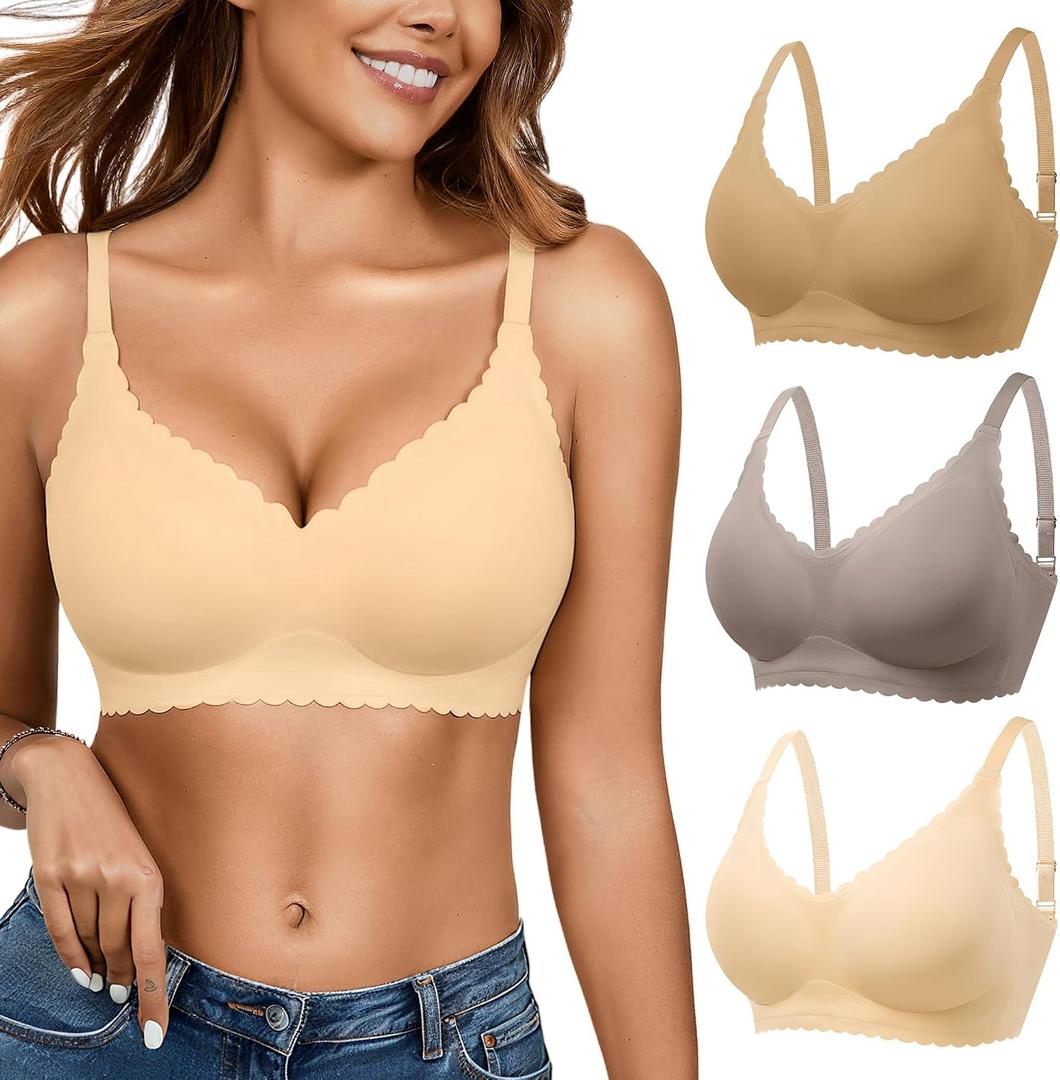 Seamless Jelly Bras for Women 3 Pack - Deep V Wireless Push Up No Wire Womens Bra Padded Comfort with Support for Gifts (M)