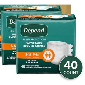 Depend Adult Diapers with Tabs, Incontinence Protection with Tabs, Unisex, Small/Medium (1934" Waist, Up To 170 lbs), Maximum Absorbency, 60 Count (2 Packs of 20)