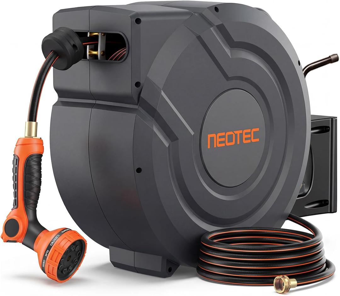 Upgraded Retractable Garden Hose Reel 1/2 inch x 155 ft Any Length Lock 9 Pattern Nozzle Wall-Mounted Automatic Slow Return 180 Swivel UV Resistant Heavy Duty Hose Reels for Outside