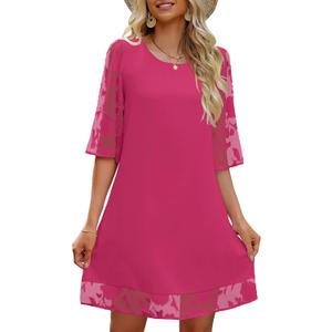 LookbookStore 3/4 Sleeve Dress for Women Shift Cute Summer Tunic Floral Lace Dresses (Pink, S)